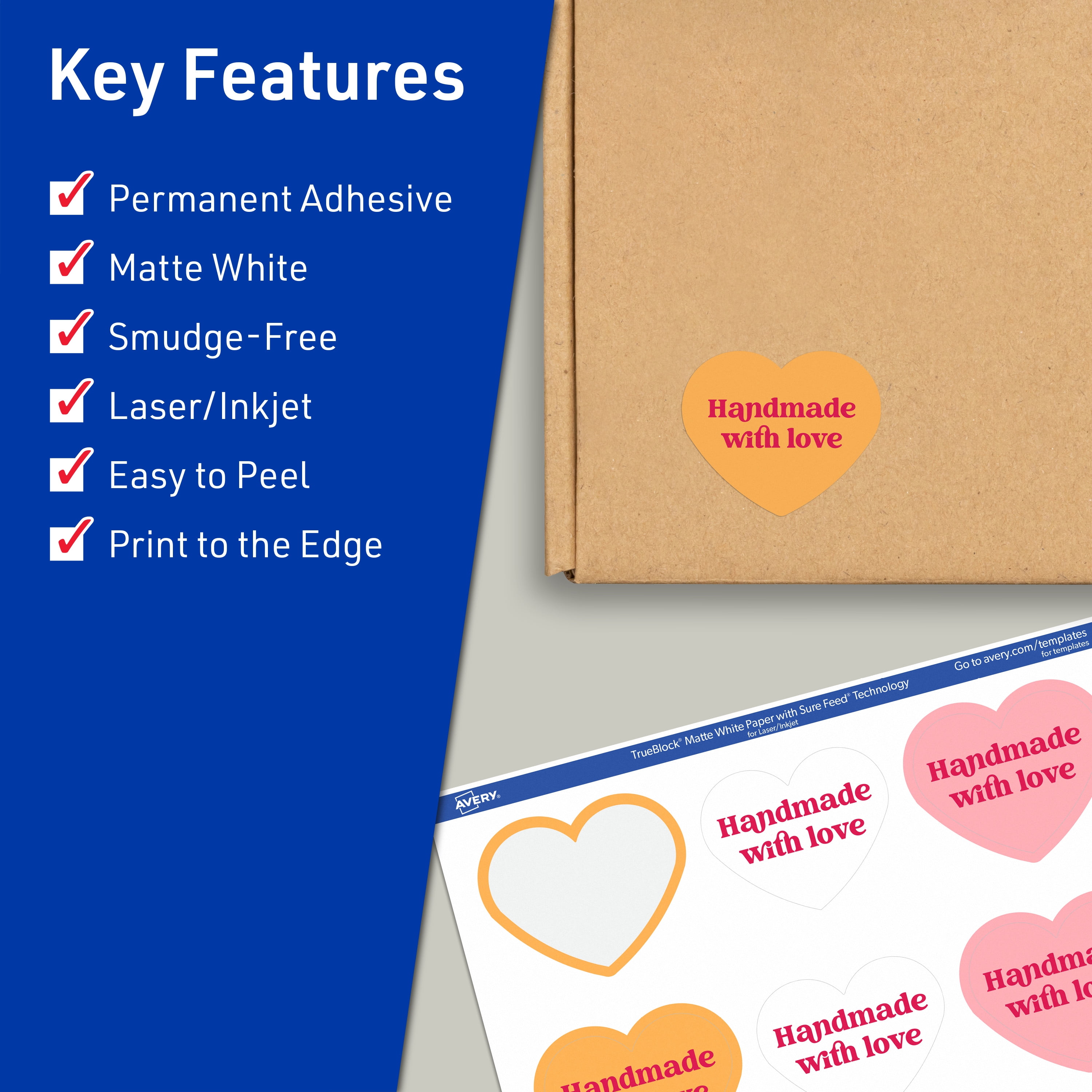 Avery TrueBlock Heart Labels, 2-9/32" x 1-27/32", 600ct