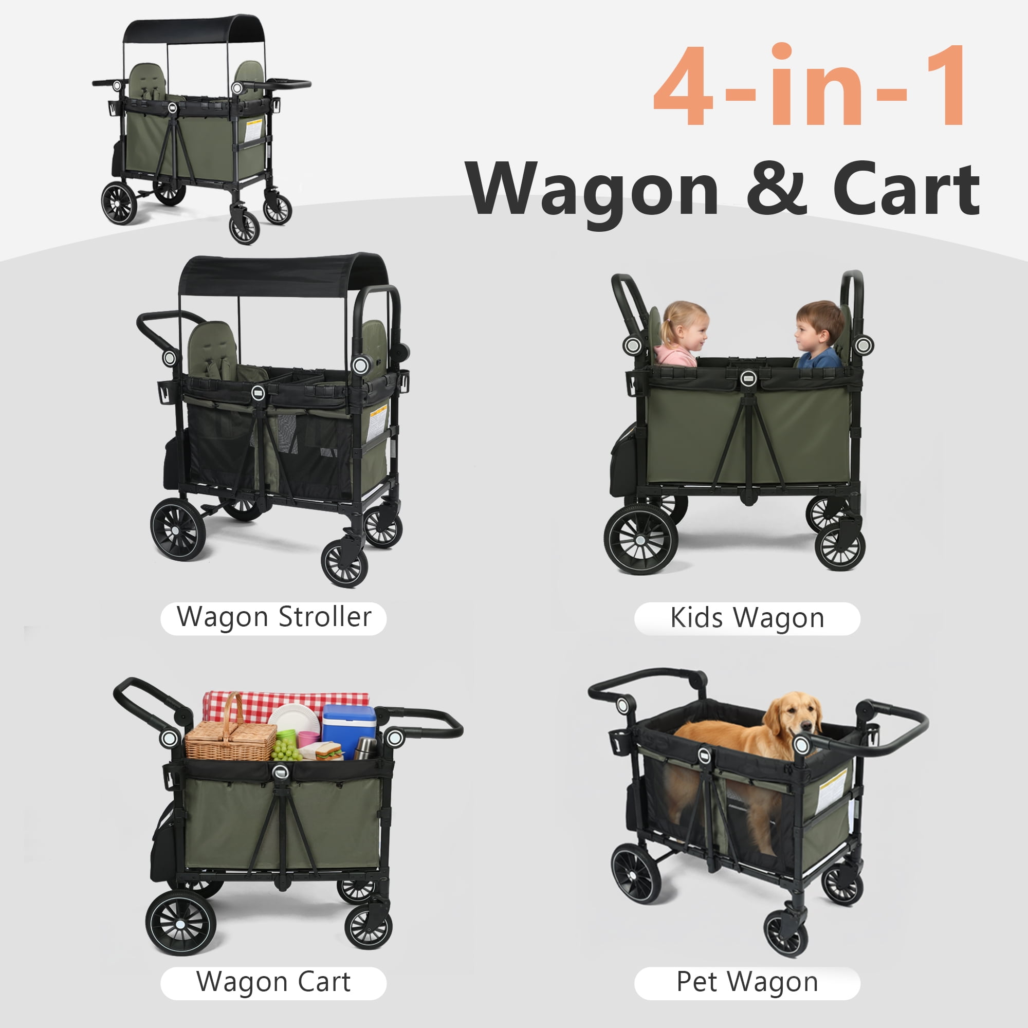 AILEEKISS Stroller Wagon for 2 Toddlers with Canopy, All-Terrain Baby Wagon Stroller,55 Pounds, Green