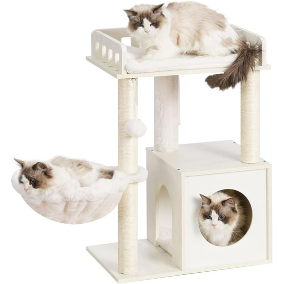 Modern Cat Tree Wooden Cat Tower with Scratching Posts Cat Condo for Indoor Cats with Wood Cat Cave Plush Perch Basket Pompom Rustic HCTSSG