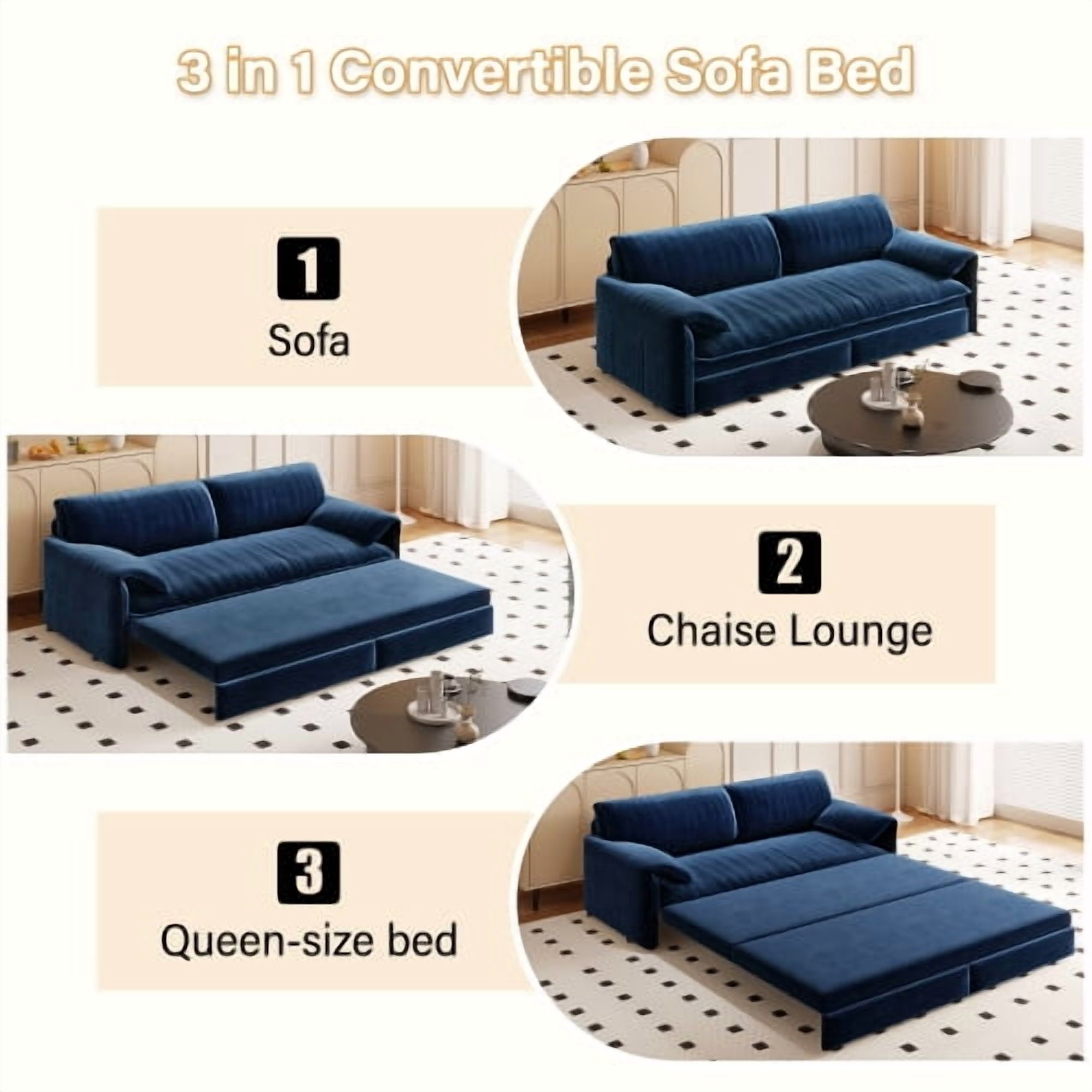 66" Queen Pull Out Sofa Bed, 3-in-1 Convertible Velvet Sleeper Sofa with Side Storage, Loveseat Bed for Living Room, Blue