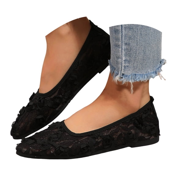 Women's Lace Ballet Flats Pointed Toe Lightweight Non Slip Floral Applique Mesh Slip On Dress Shoes Black Size 9.5