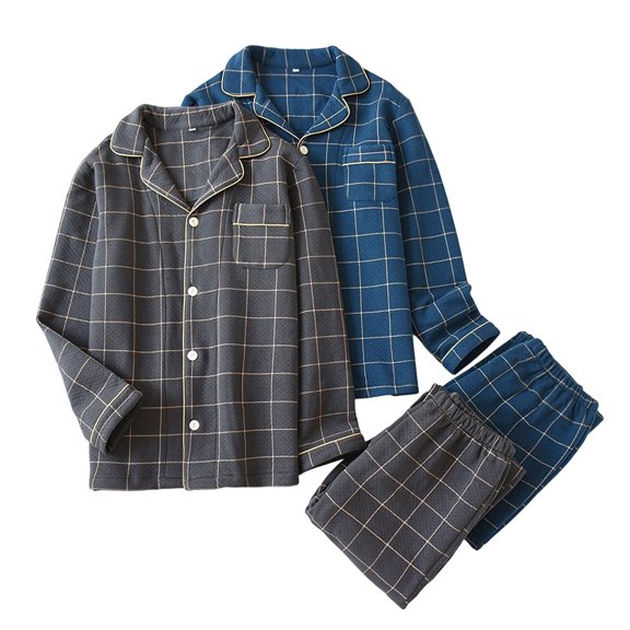 Yourumao Mens Two Piece Pajama Set Long Sleeve Button Down Shirts and Pants Plaid Loose Casual Pajama Sets for Sleepwear