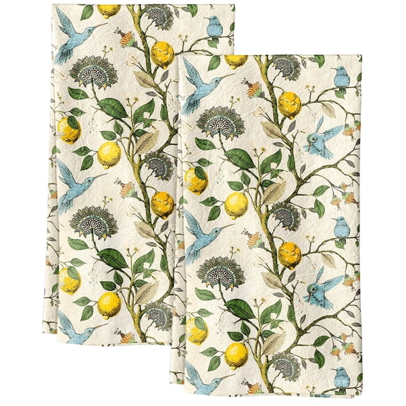 Flour Sack Kitchen Towels Set of 2, 18x26 Reusable Tea Towels with Hanging Loop, Absorbent Hanging Hand Towels, Cute Lemon Birds Home Decor