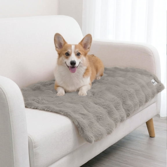 Paw Inspired Waterproof Dog Blanket 40x30", Soft Faux Fur Throw with Fur-Resistant Fleece, Washable Pet Blanket, Waterproof Protection for Couch, Bed, Furniture, Crate, Car (Gray)