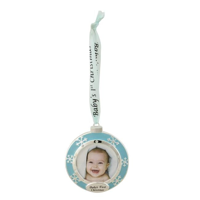 3 in. Blue & Silver-Plated Babys First Christmas Framed Ornament with Crystals