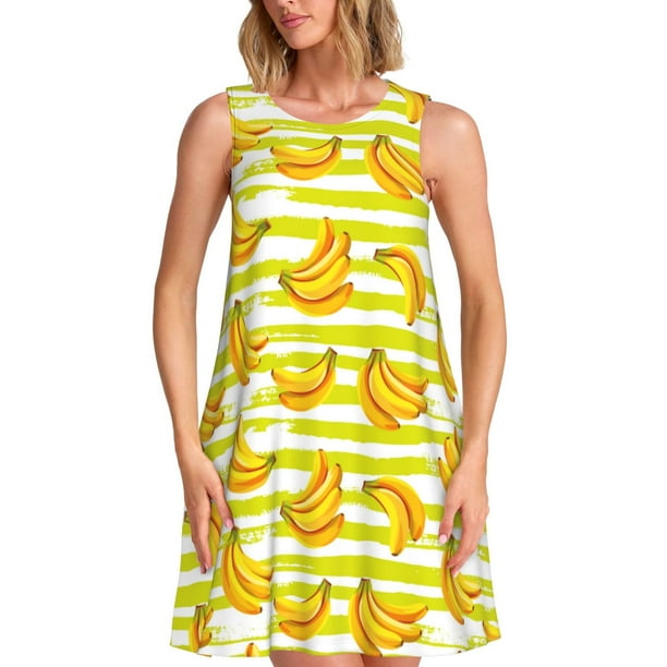 Fotbe Bananas On A Striped Vestido de Verano sin Mangas para Mujer – Vestido Midi Línea A, Estilo Camiseta Floral, Vestido Playero Casual y Fluido