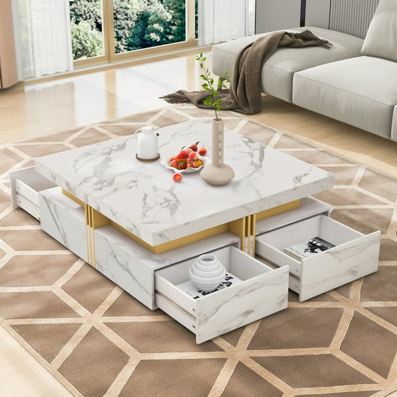 Square Coffee Table with 4 Storage Drawers, Farmhouse Coffee Table for Living Room, 44" Wide Mid Century Modern Tea Table, Rectangle Cocktail Center Table for Apartment, Office, Family Room