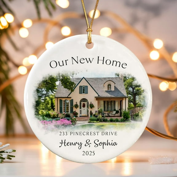 Custom New Home Ornament — 1st Christmas in New Home, Watercolor House Portrait Keepsake