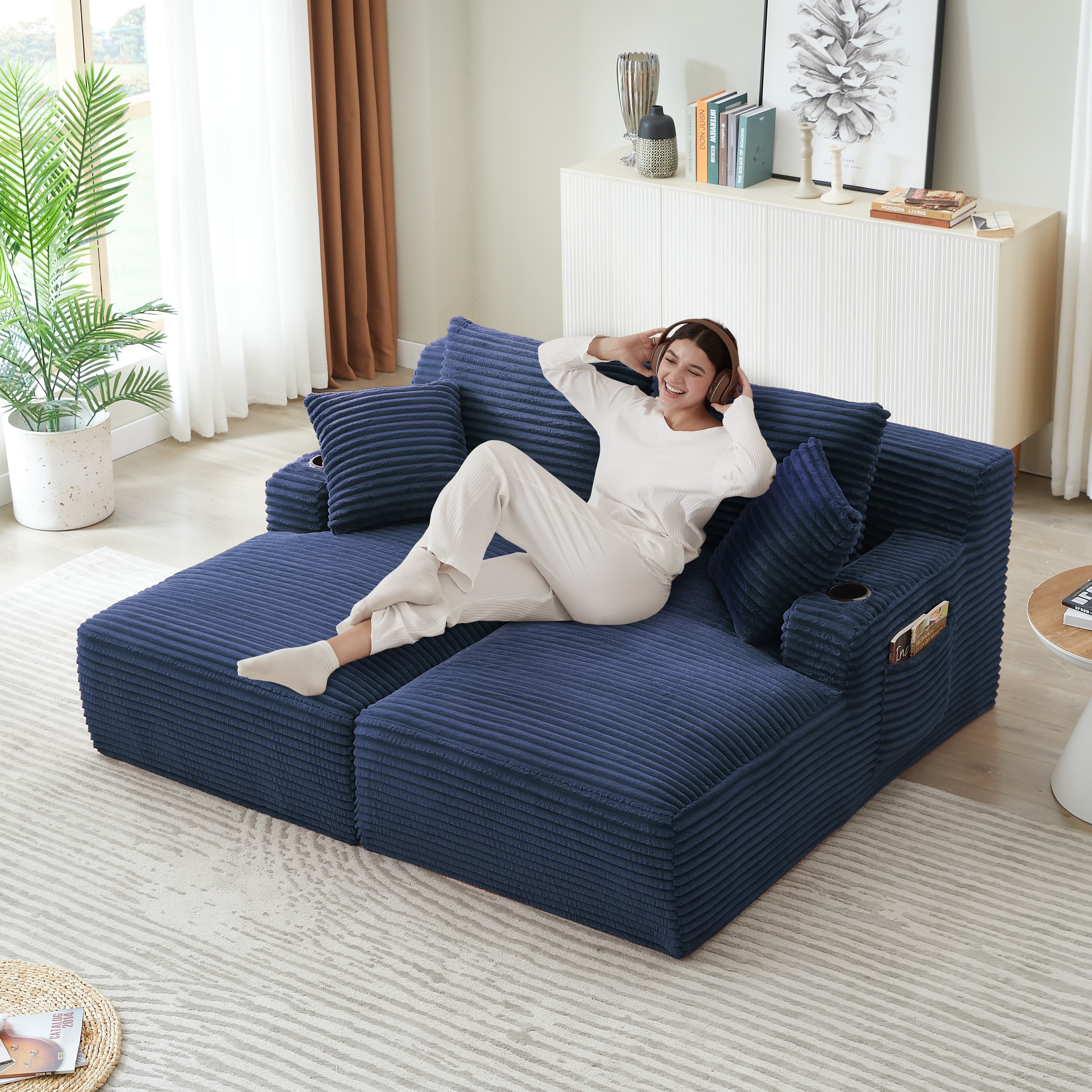 MAYEERTY Compressible Corduroy Double Chaise Sofa, Modern Sectional Loveseat with Cup Holders for Living Room, 71*62*34"Blue