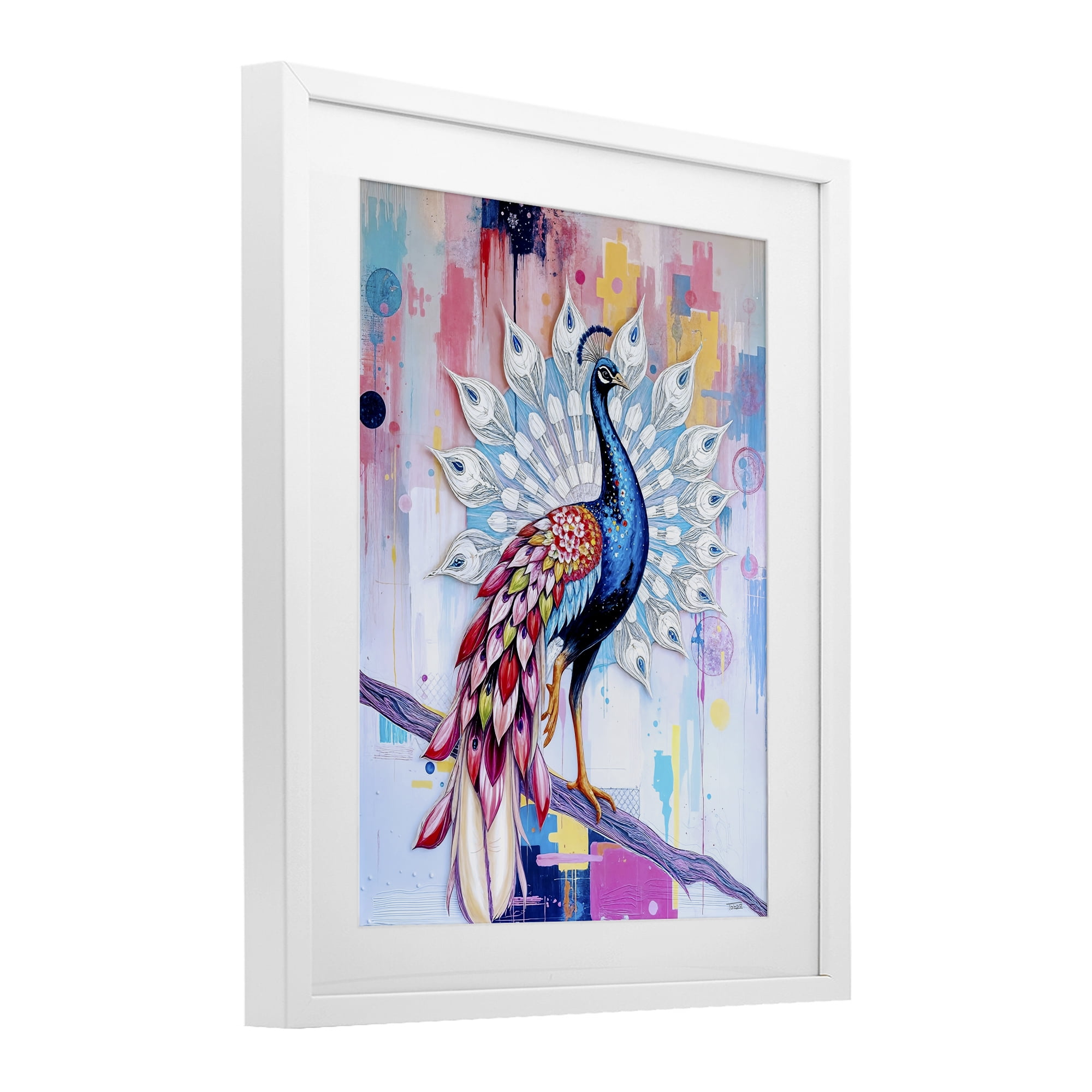 Stupell Industries Radiant Peacock on Branch White Framed Print Under Glass, design by Tabz Jones