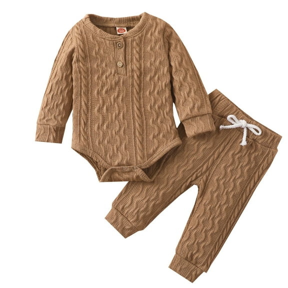 MEZZALL Baby Girls Boys Fall Winter Long Sleeve Solid Color Thickened Warm Romper Tops Pants 2PCS Outfits Clothes Set Breathable Dailywear, Brown, 6-12 Months