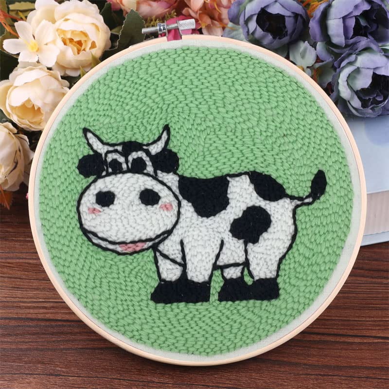 2 Pack Easy Smaller Size DIY Craft Punch Needle Embroidery Kits Rug for Starter Kits with Stamped Color Pattern with Instruction,Yarn and Wood Needle Pen,15cm Hoop (Dairy Cow,Panda)