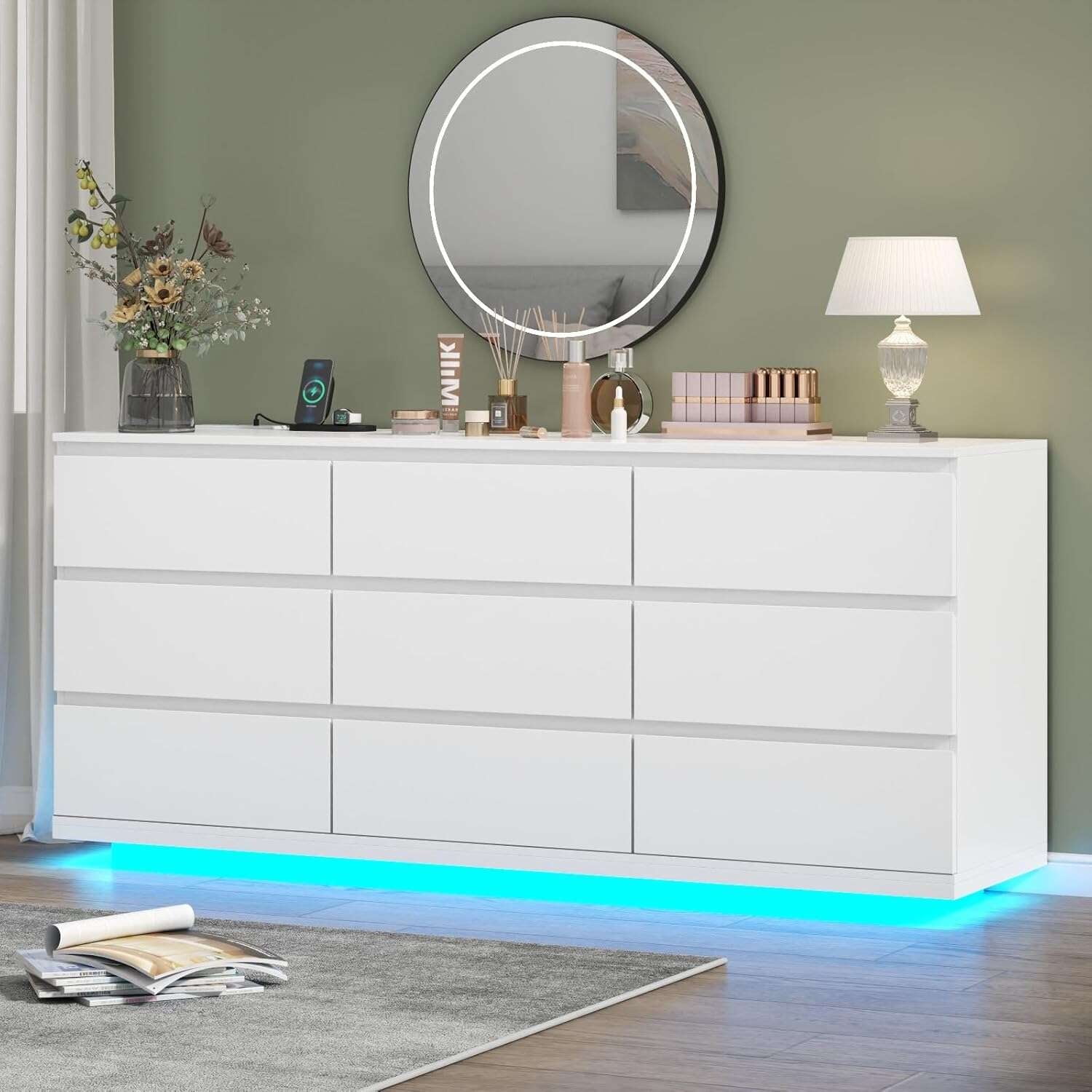Smart Home 9-Drawer Floating Dresser w/ USB Outlets & LED Lights | Extra-Wide Storage Cabinet with Fast Charging Station | Bedroom & Living Room Organizer (White)