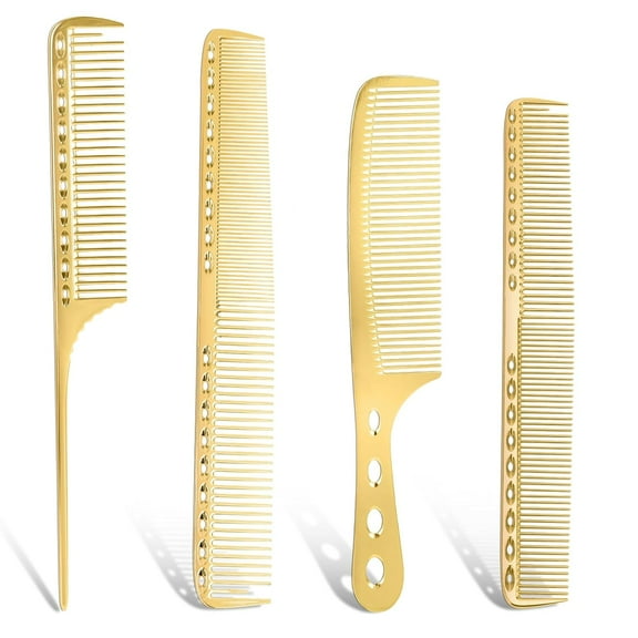 LinYooLi Professional Barber Aluminum Comb Set Metal Combs for Cutting Comb Hair Hairdressing Tail Comb (Golden)