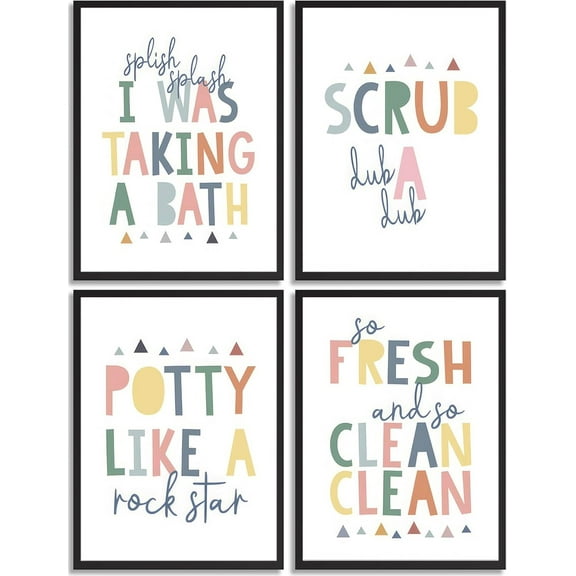 4Pcs Funny Kids Bathroom Canvas Wall Art Toddler Kids Boys Girls Baby Poster Prints for Nursery Toilet Bathroom Washroom Rules Word Pictures Wall Decor