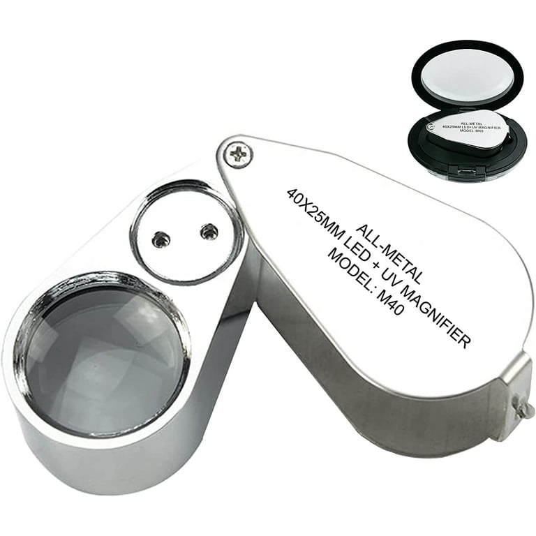 40X Jewelers Loupe with Light, UV Lighted Magnifying Glass Eye Loop, LED  Illuminated Metal Pocket Magnifier for Jewelry, Plants, Currency, Coins,  Diamonds, Stamps 