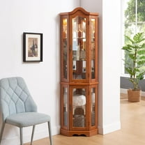 Lighted Corner Display Curio Cabinet Wooden Shelving Unit with Tempered Glass Door, Bar and Liquor Storage Area with 4 Shelves,Wine Cabinet with Curved Top Oak