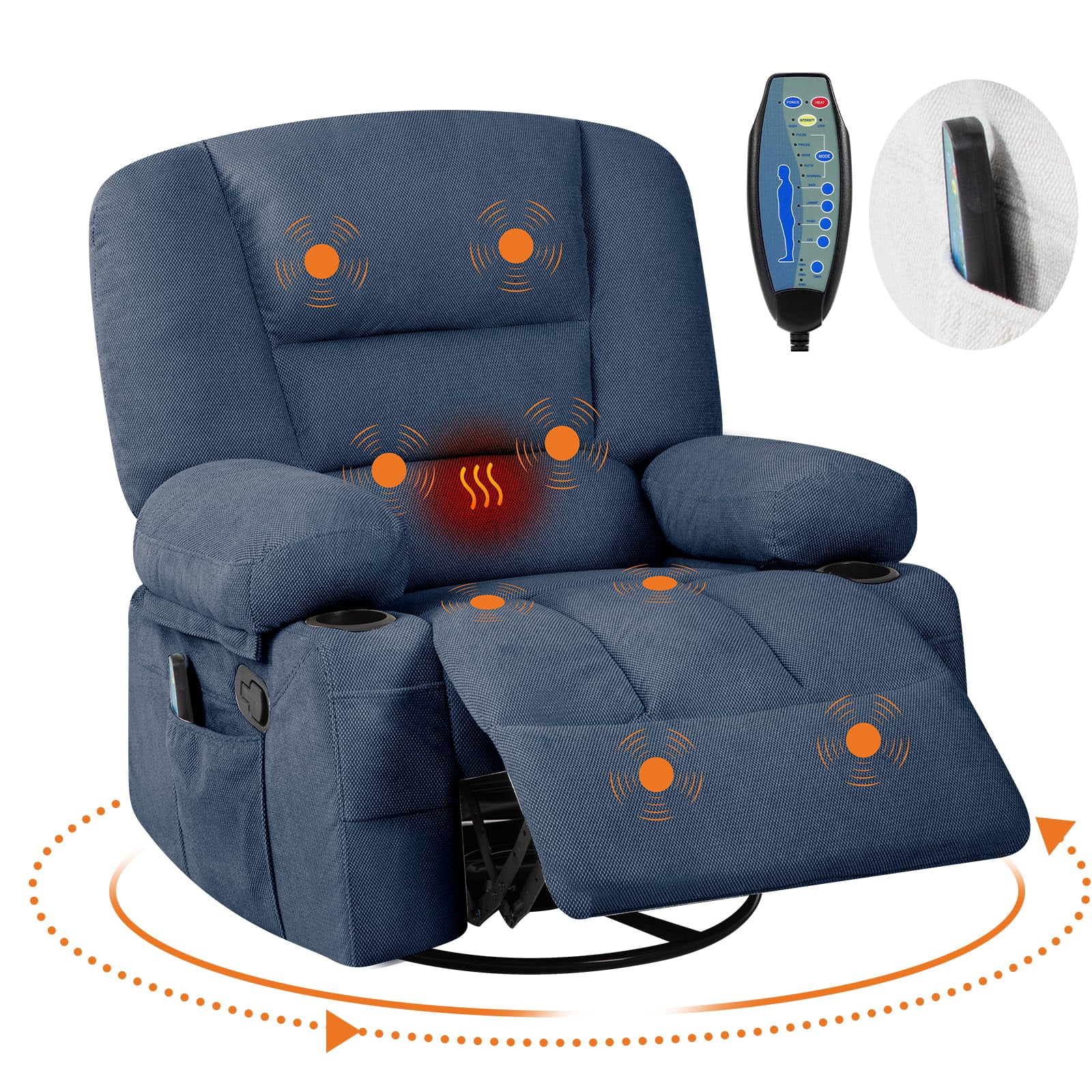 Oversized Power Recliner Chair with 360° Swivel, Rocking, Massage & Heating - Extra Wide Chenille Lounge Sofa with Remote, Cup Holders, Side Pockets, USB Port - Living Room, Bedroom
