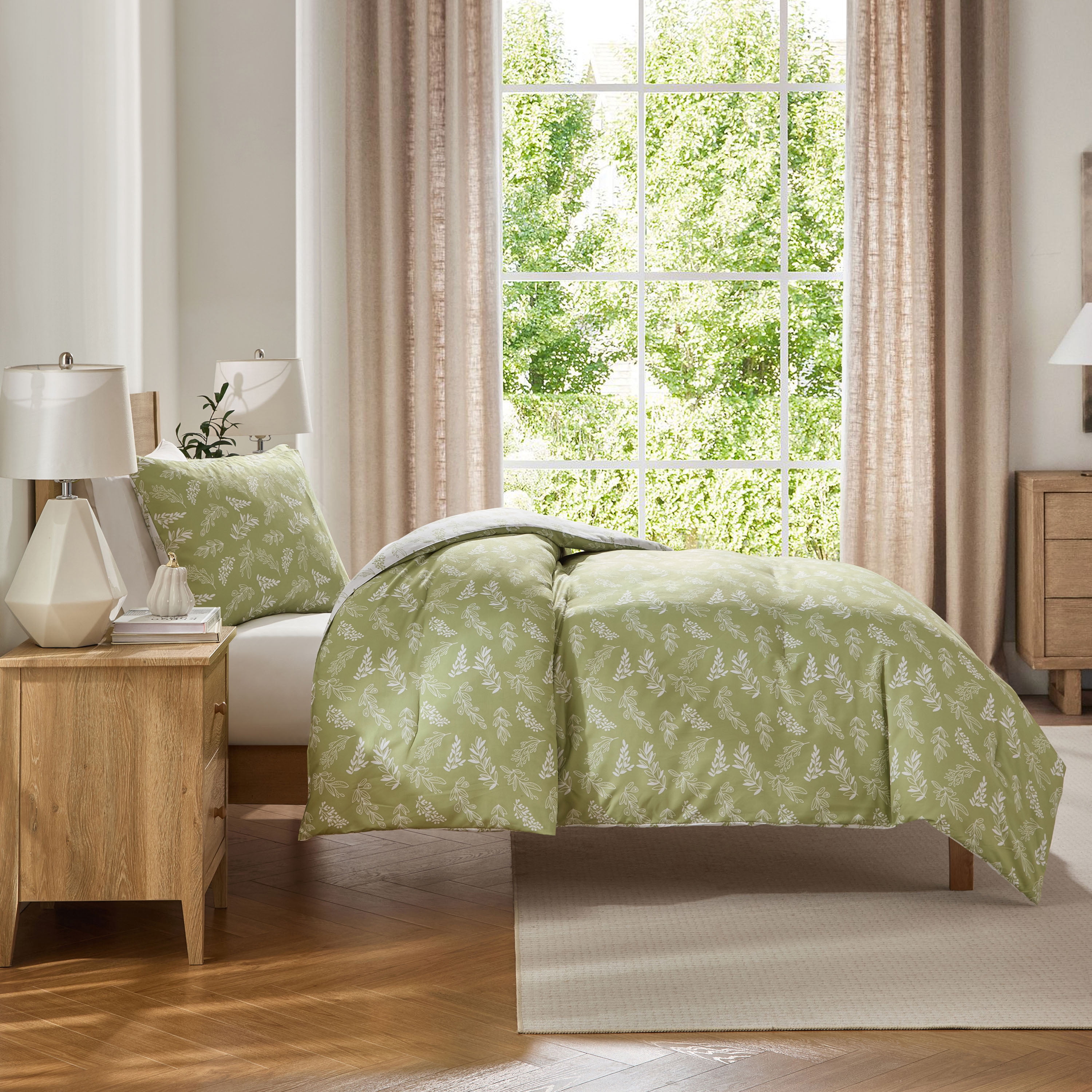 LammaLoe Twin Comforter Sets, 2 Piece Botanical Bed in a Bag, Reversible Bedding Comforter Set with Sheets, Modern Bed Set, Sage Green/Off White