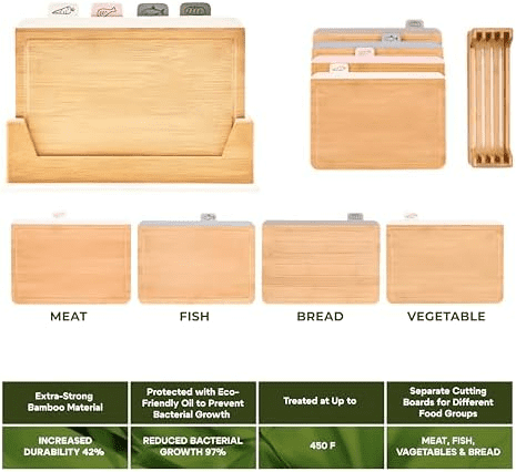 Wooden Cutting Boards for Kitchen – 5-Pcs Cutting Board Set with Holder – Natural Bamboo Chopping Board with Juice Groove – Ideal for Vegetables, Meat, Fish, Bread.