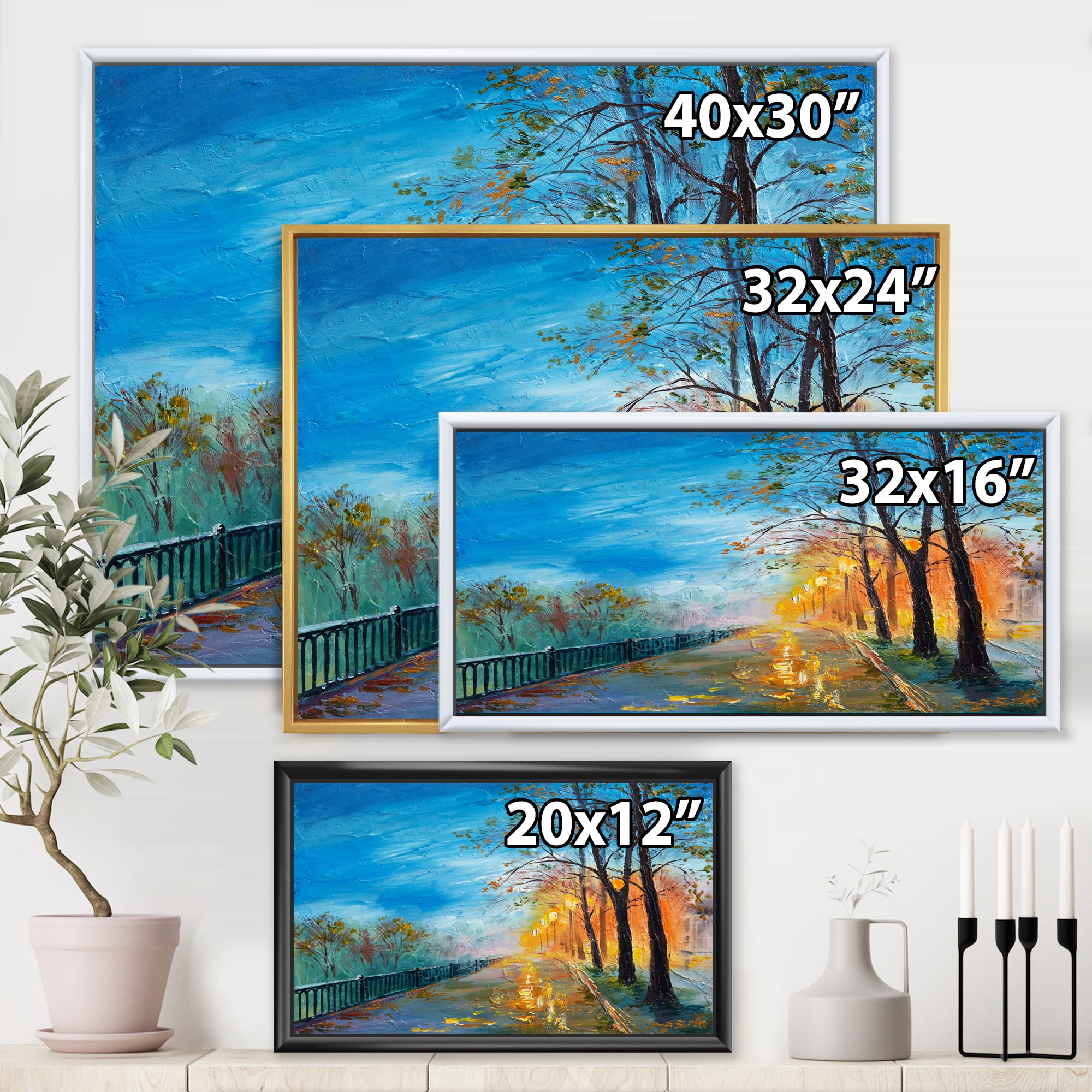 Autumn Road in Evening 20 in x 12 in Framed Painting Canvas Art Print, by Designart
