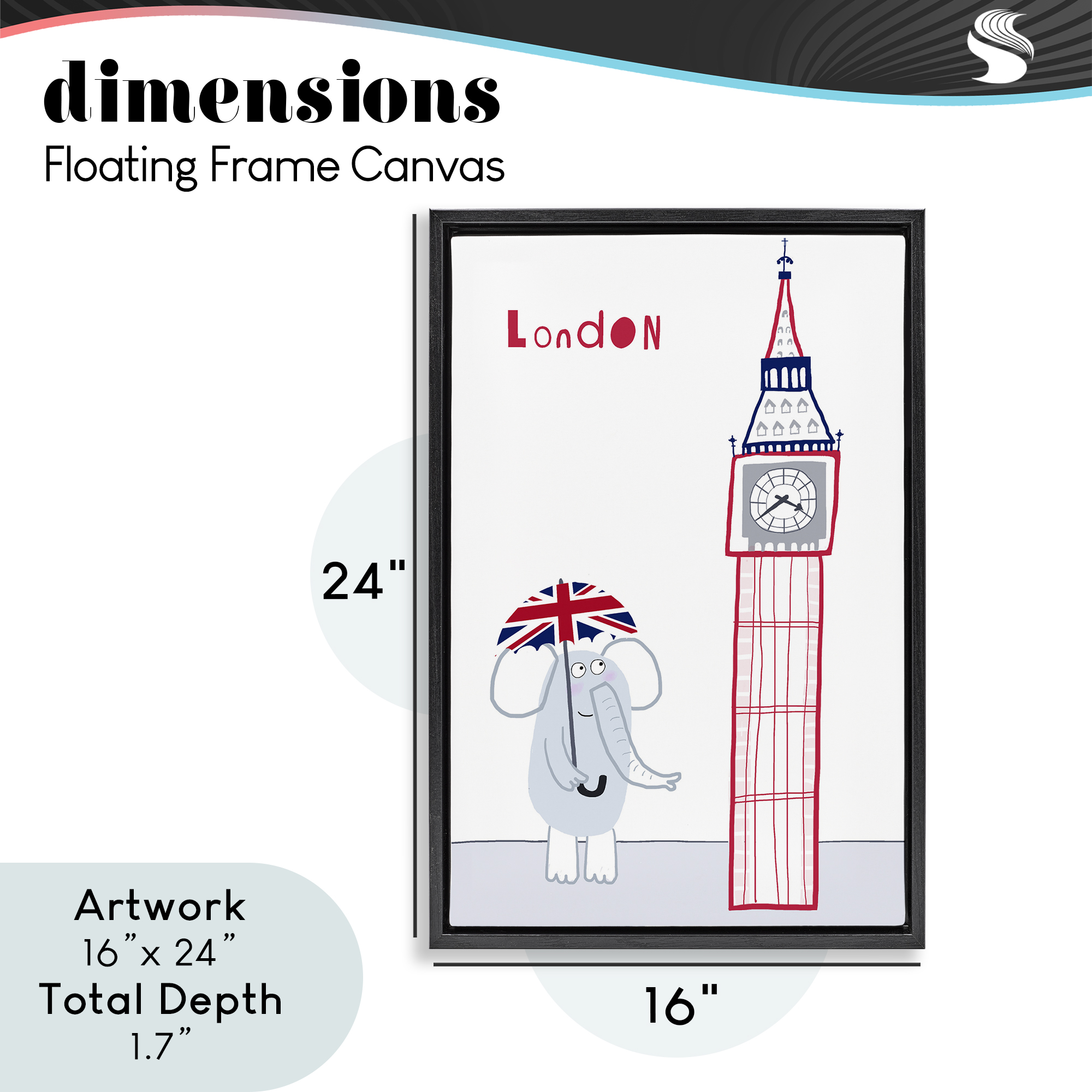 Elephant & Big Ben London Black Framed Floater Canvas Wall Art, design by Carla Daly