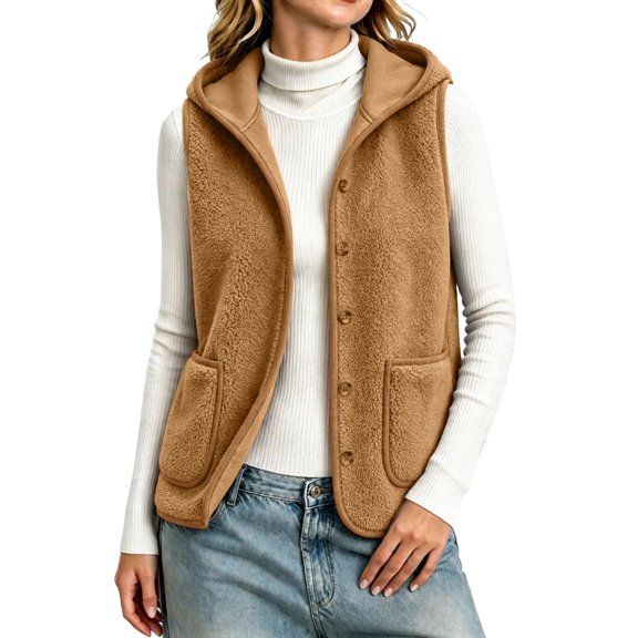 Auralook Women's Fleece Vest Outerwear Sleeveless Lightweight Button Hooded Jackets Warm Soft Vests with Pockets