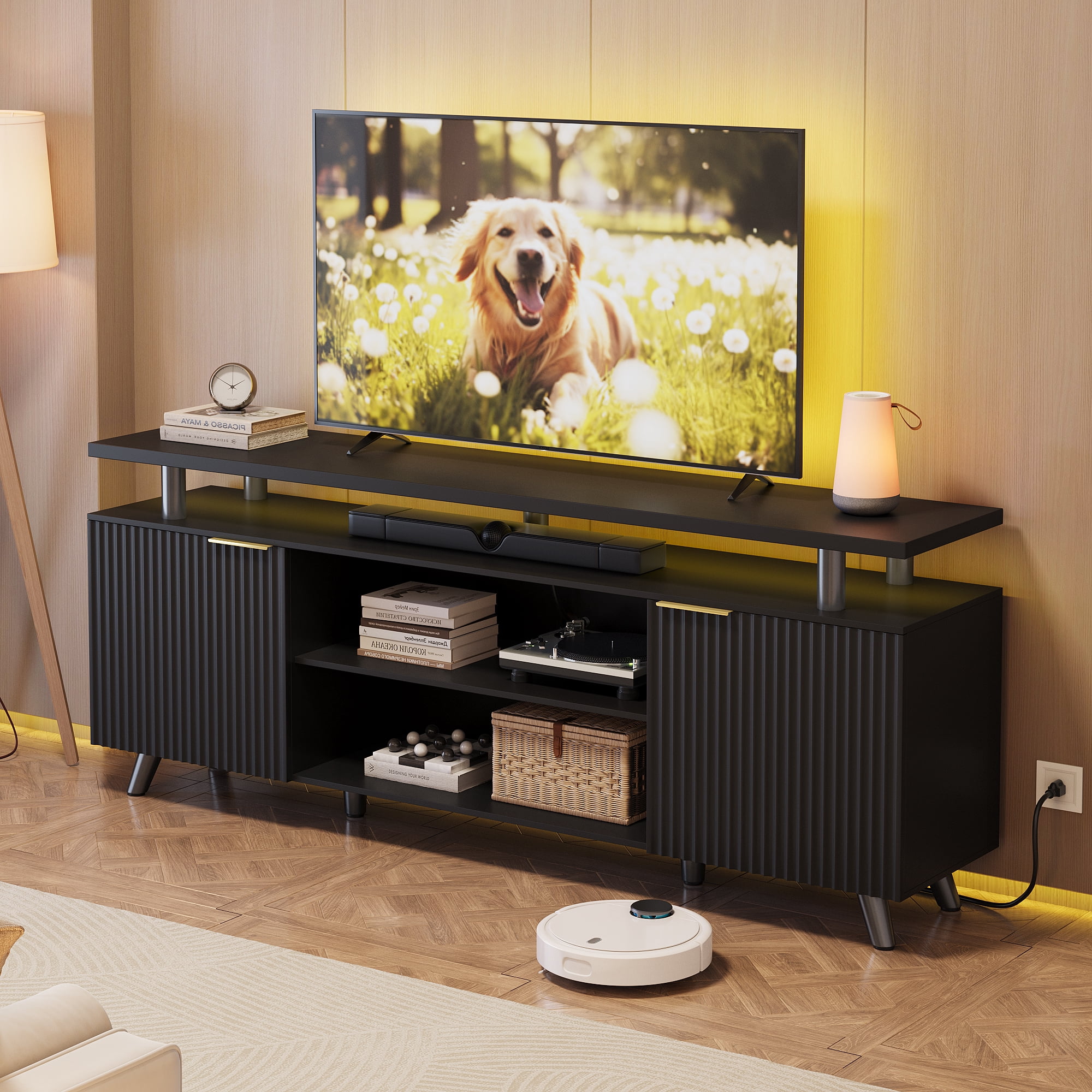 Laintene TV Stand for 65" TV, LED Entertainment Center with Adjustable Shelves, Storage Cabinets & Power Outlets, Fluted TV Console for Living Room, Black Finish