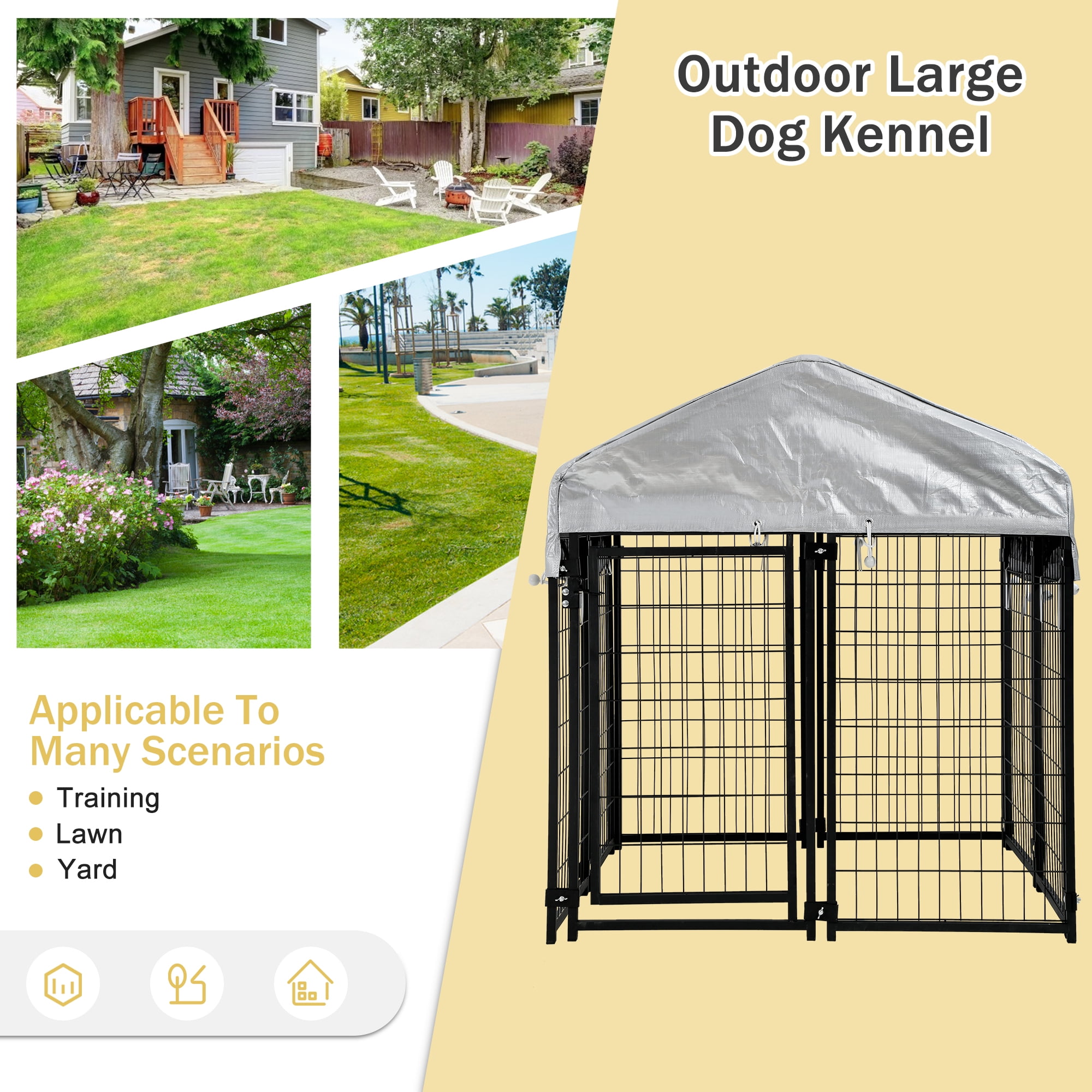 YRLLENSDAN 4 x 4 x 4.4 Ft Dog Kennel Outdoor Dog Pen Playpen House Heavy Duty Dog Crate Metal Galvanized Welded Pet Animal Camping Cage Fence with UV-Resistant Waterproof Cover and Roof