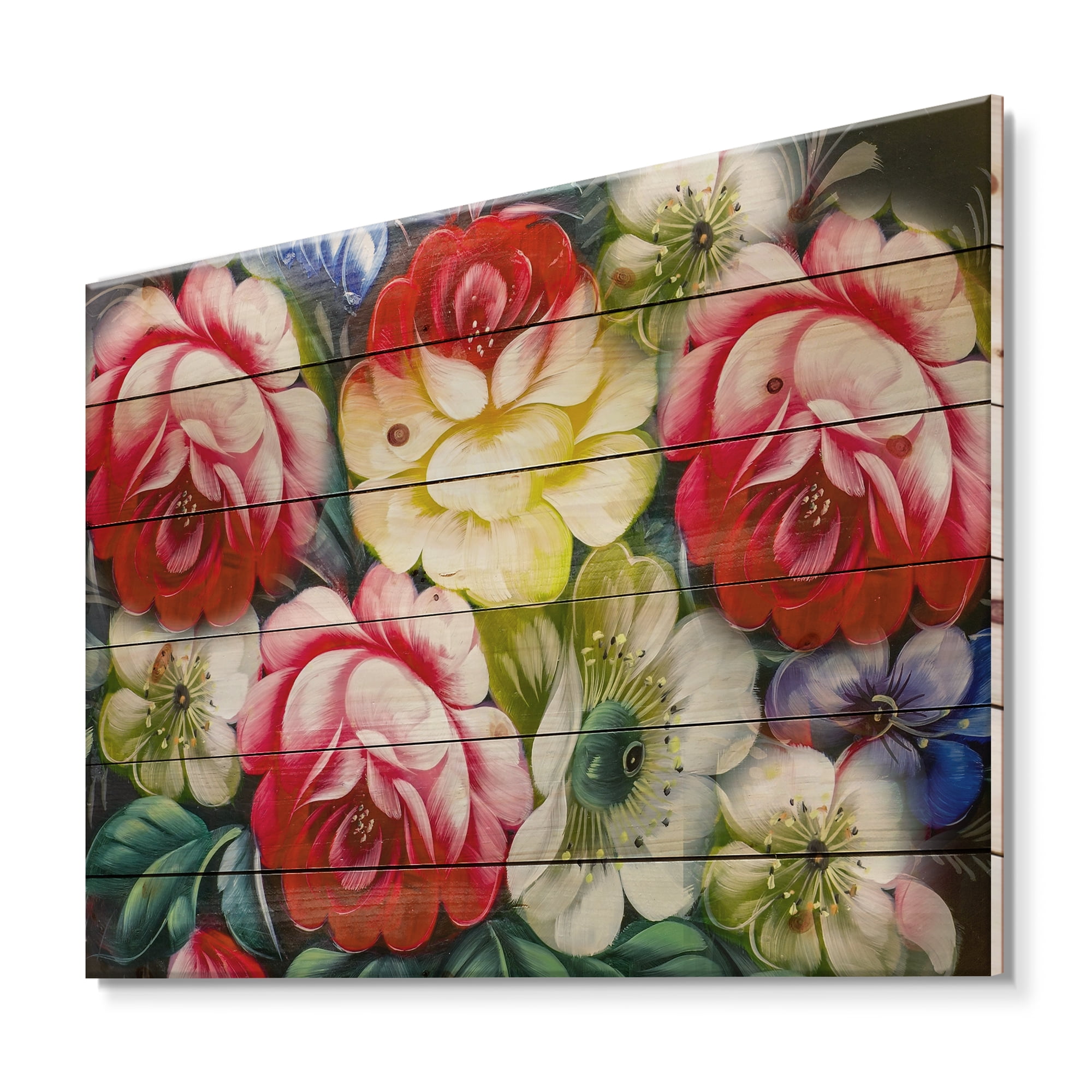 Designart 'Vintage VIbrant Yellow and Red Flower Still Life I' Traditional Print on Natural Pine Wood