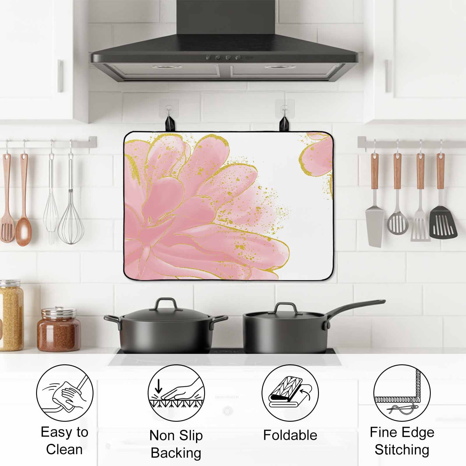 Pink Gold Stove Top Cover for Electric Stove, Heat-proof & Non Slip Glass Top Stove Cover Protector, Boho Modern Abstract Minimalist Aesthetic Flower Kitchen Flat Cooktop Rubber Mat 31x24 Inches