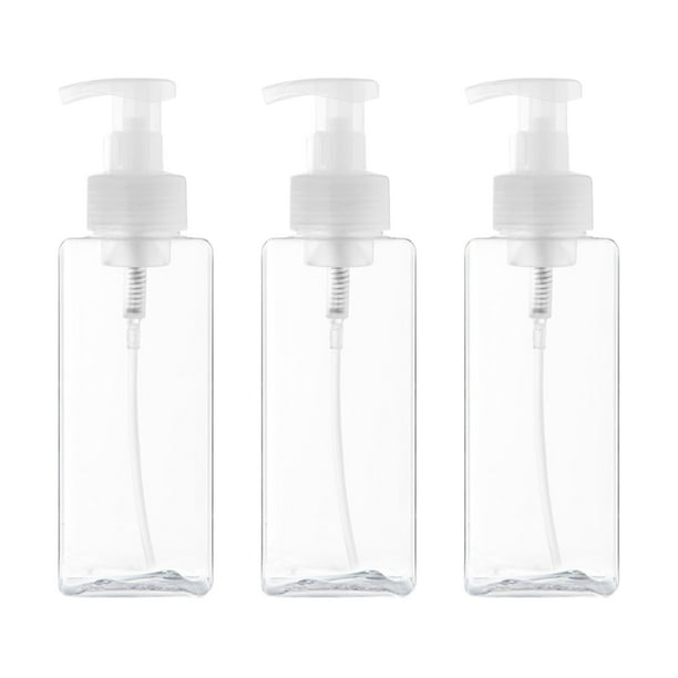 3 botellas con bomba a presión, desinfectante, jabón líquido, subenvasado, 650 ml, transparentes.