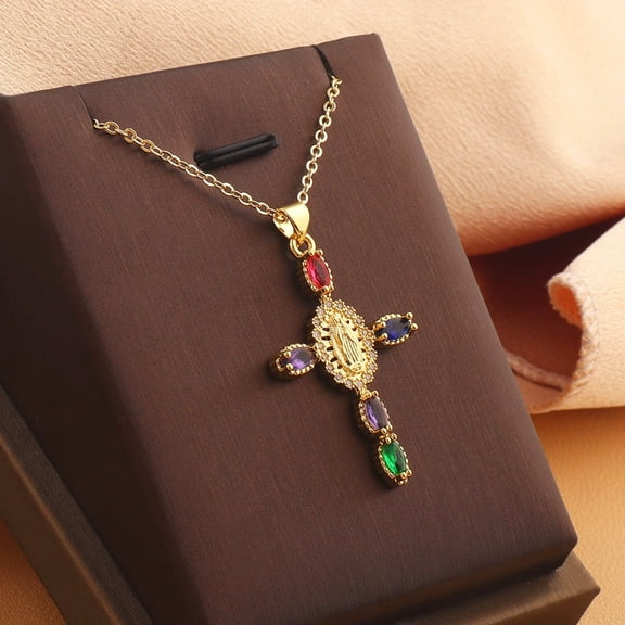 Fashion Personality 14K Yellow Gold Necklace Elegant Women's Micro Inlaid Colorful Round Zircon Cross Necklace
