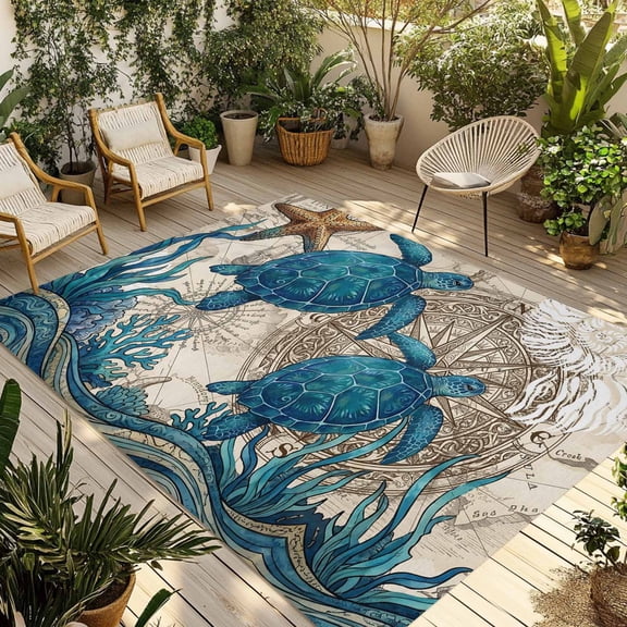 Nautical Coastal Outdoor Rug for Patio/Deck/Porch, Non-Slip Large Area Rug 5 x 7 Ft, Retro Marine Life Turtle Map Compass Beige Indoor Outdoor Rugs Washable Area Rugs, Camping Rug Carpet Runner
