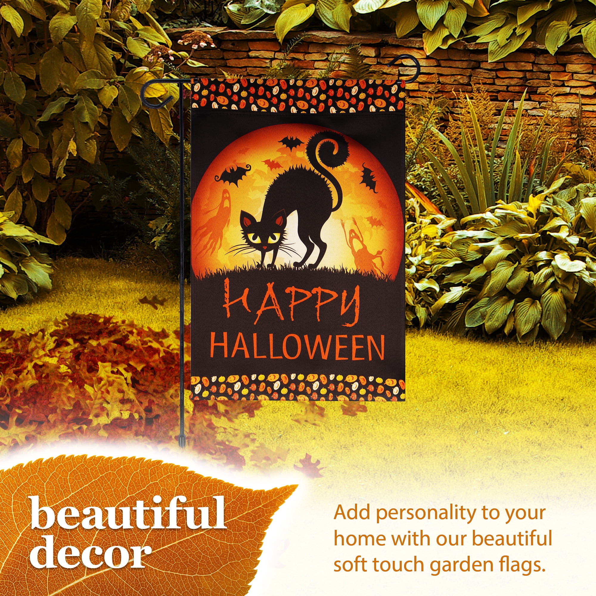 G128 Double-Sided Halloween Garden Set 12"x18" with 36"x16" Garden Flag Holder Stand Outdoor Porch