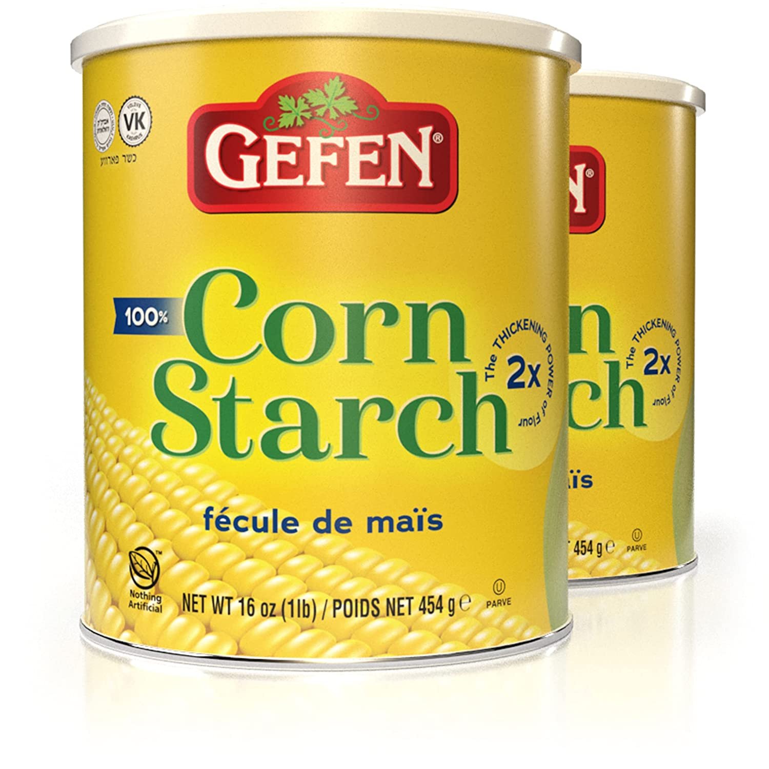 Gefen Corn Starch 100% Pure, 16oz, Resealable Lid, 2 Pack, Total 2 Lbs Gluten Free Thickener, Just One Ingredient, Cornstarch