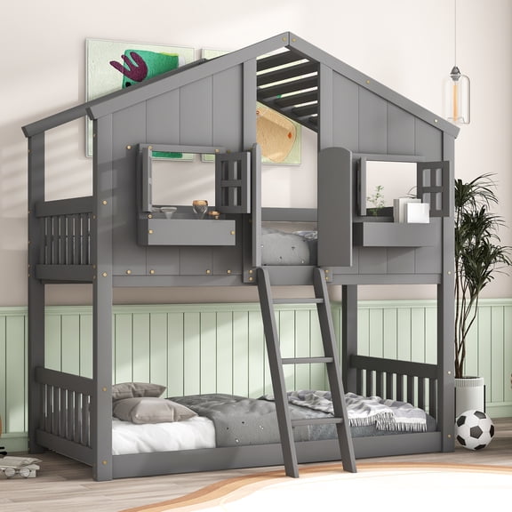 Leumius Twin over Twin Floor Bunk Bed with Ladder and Guardrails, House-Shaped-Bunk Bed with Window and Door for Boys Girls Grey