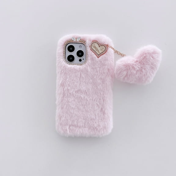 Allytechgroup Cute Case for iPhone 15 Pro Max, Plush Furry Fuzzy Fur Case for Women Girls, Soft TPU Bumper Protective Case with Fur Heart Pendant for iPhone 15 Pro Max, Pink