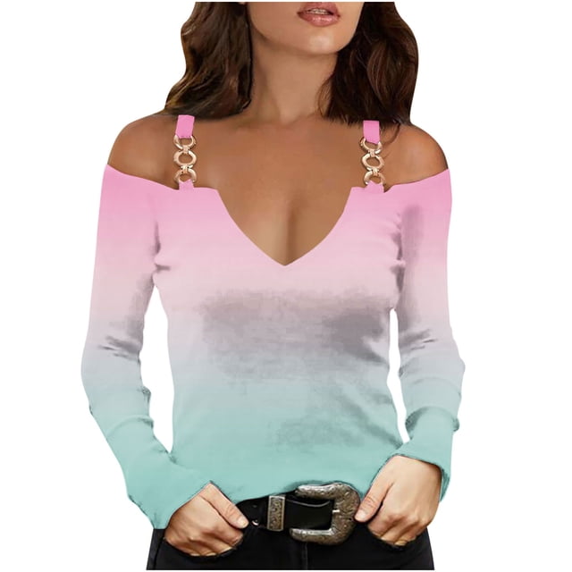 FAIWAD Womens Long Sleeve Cold Shoulder Tops V Neck Hollow Out Strape Blouses Slim Stretch Tunic Tops