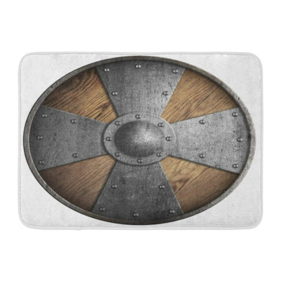 YUSDECOR Armour Silver Viking Wooden Medieval Round Shield with Cross White 3D Armored Armoured Rug Doormat Bath Mat 23.6x15.7 inch