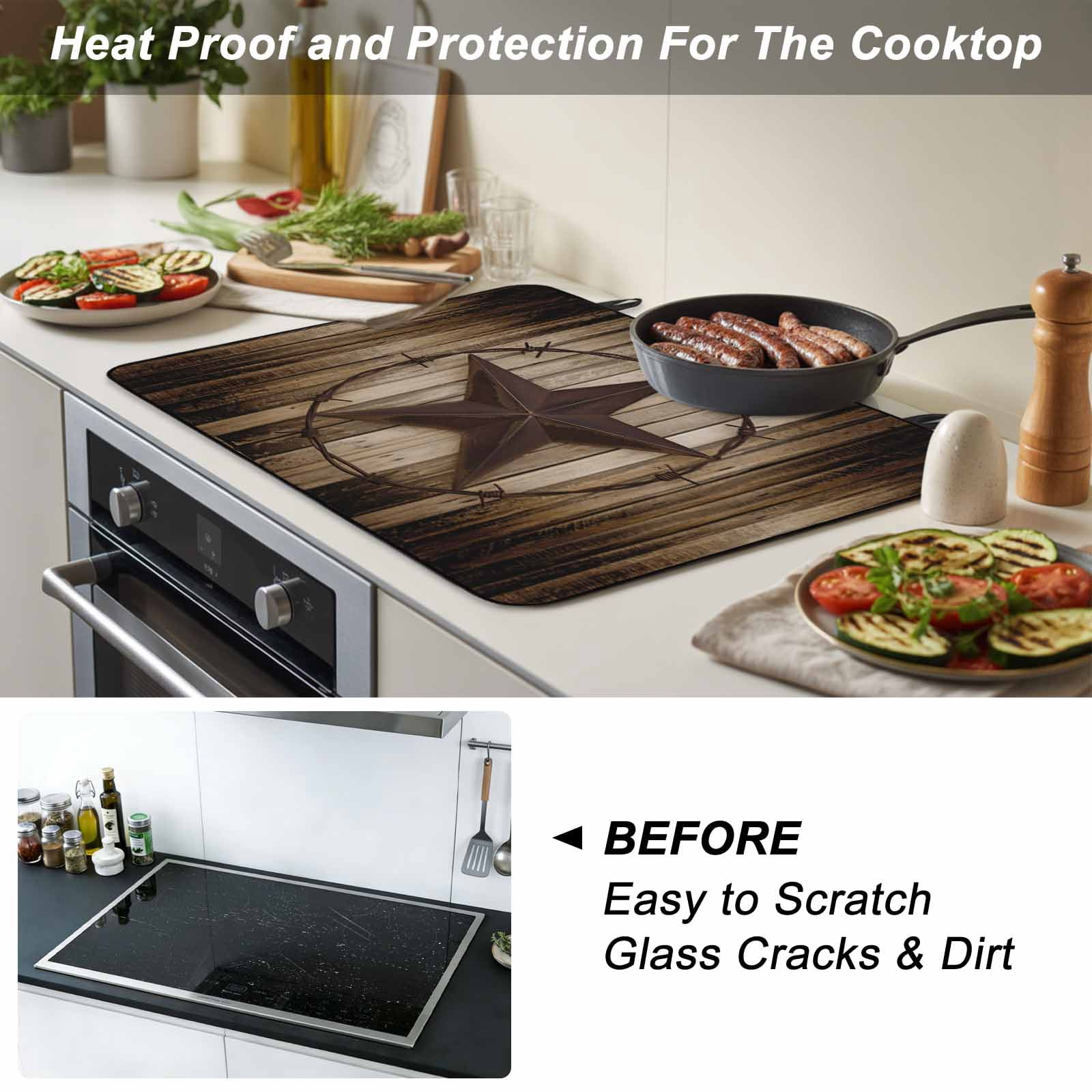 Western Star Retro Stove Top Cover for Electric Stove, Heat-proof & Non Slip Glass Top Stove Cover Protector, Vintage Brown Wood Barn Kitchen Flat Cooktop Rubber Mat 24x21 Inches