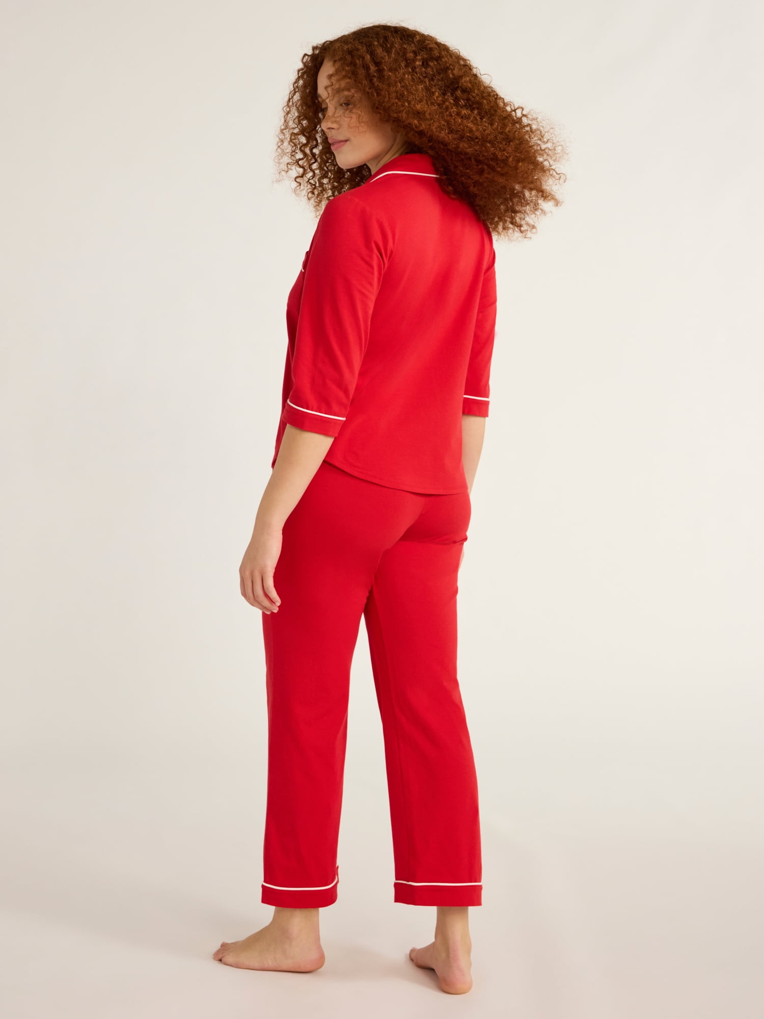 Joyspun Women’s and Women’s Plus Cotton Blend Notch Collar Pajama Set, 2-Piece, Sizes XS to 4X