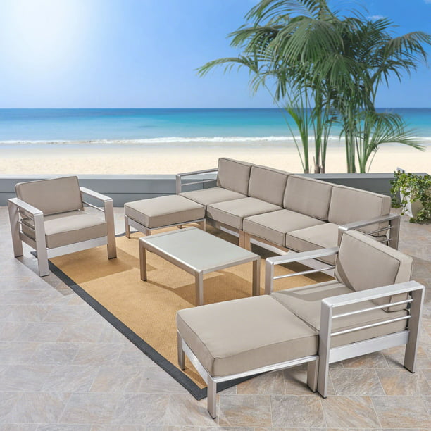 7 Piece Silver Contemporary Outdoor Furniture Patio Sectional Sofa Set Brown Cushions Com - Contemporary Outdoor Furniture Sets