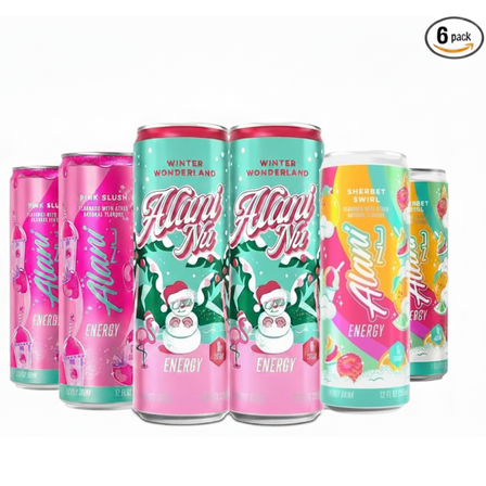 New Alani Energy Drink Variety Pack Winter Wonderland , Pink Slush ,Sherbet Swirl Sugar-Free, 12 fl oz Low-Calorie Energy Boost Drink (Pack of 6)