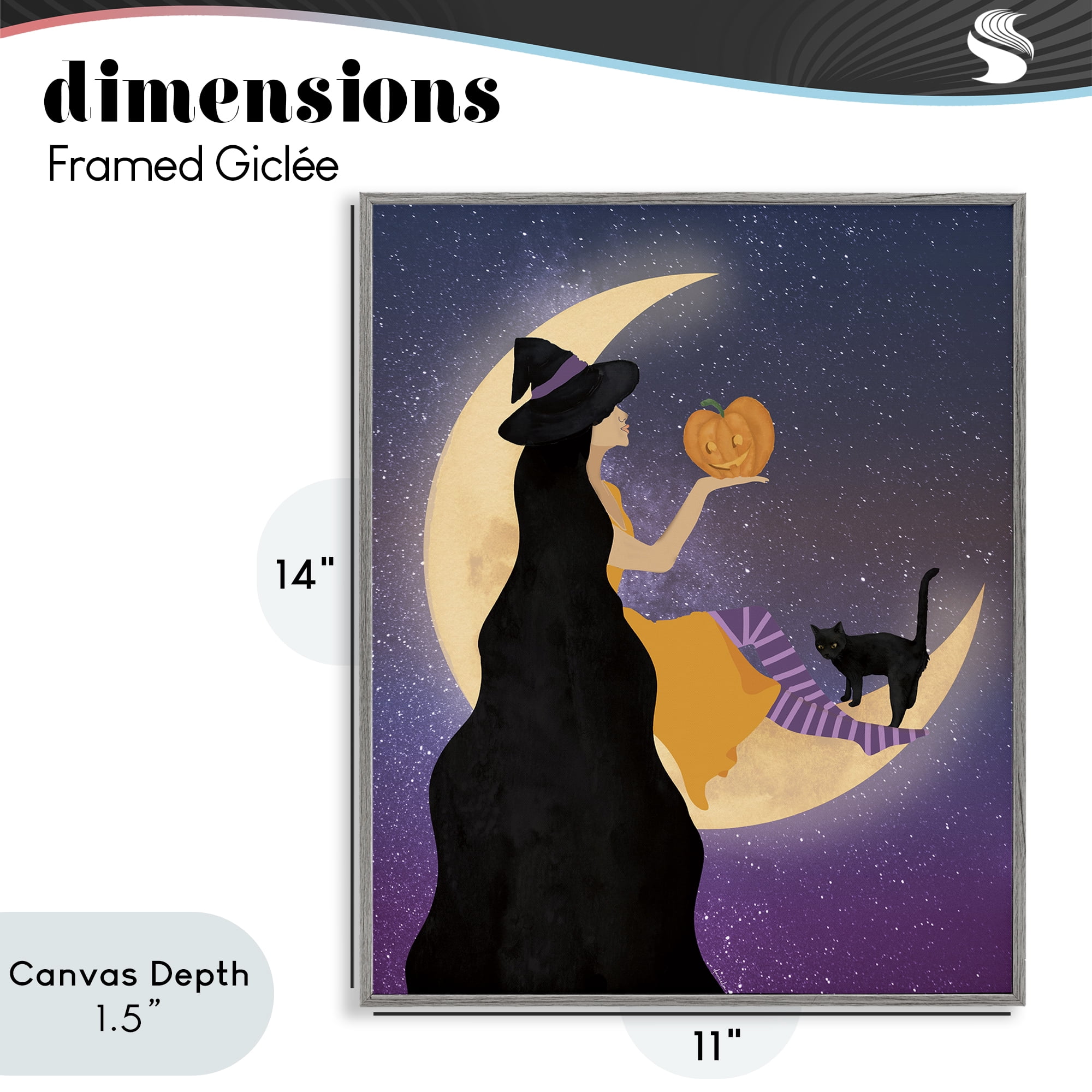 Stupell Industries Moonlit Witch Holding Jack-o-Lantern Gray Framed Giclee Art, design by Daniela Santiago