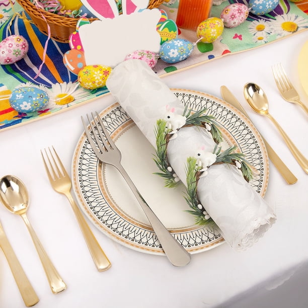 Decoraciones de Pascua, anillos de servilleta con forma de conejito de Pascua, servilleteros de Pascua falsos, hebillas de servilletas de ratán, soportes para fiestas de Pascua, banquetes, decoración