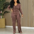 thumbnail image 2 of UAMVSH Women's Ribbed Knitted 2 Piece Outfits Long Sleeve Button down Crop Top Wide Leg Pants Sets Loose Fit Loungewear Sets(Medium,Brown), 2 of 7
