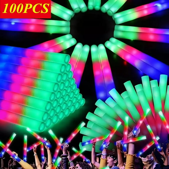 100 PCS LED Glow Sticks Bulk, Foam Glow Sticks, Glow Stick Bulk Party Pack with Colorful Flashing, Glow in The Dark Party Supplies for Wedding, Concert, Camping, Carnival