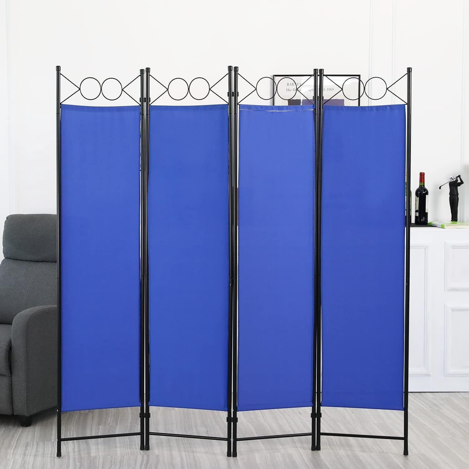Dkelincs 4 Panel Room Divider 6.8FT Folding Privacy Screen Portable Steel Frame Partition Wall Divider, Blue