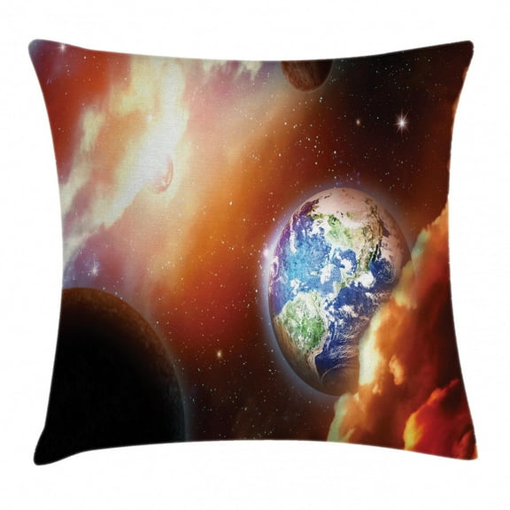 Space Throw Pillow Cushion Cover, Dust Cloud Nebula Stars in Solar System Scene with Planet Earth Pluto and Neptune, Decorative Square Accent Pillow Case, 18 X 18 Inches, Orange Blue, by Ambesonne